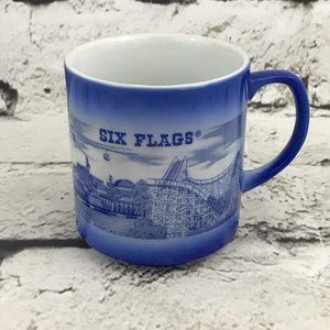 Six Flags Amusement Park Mug Vintage Blue Pottery Railroad Rides Riverboat